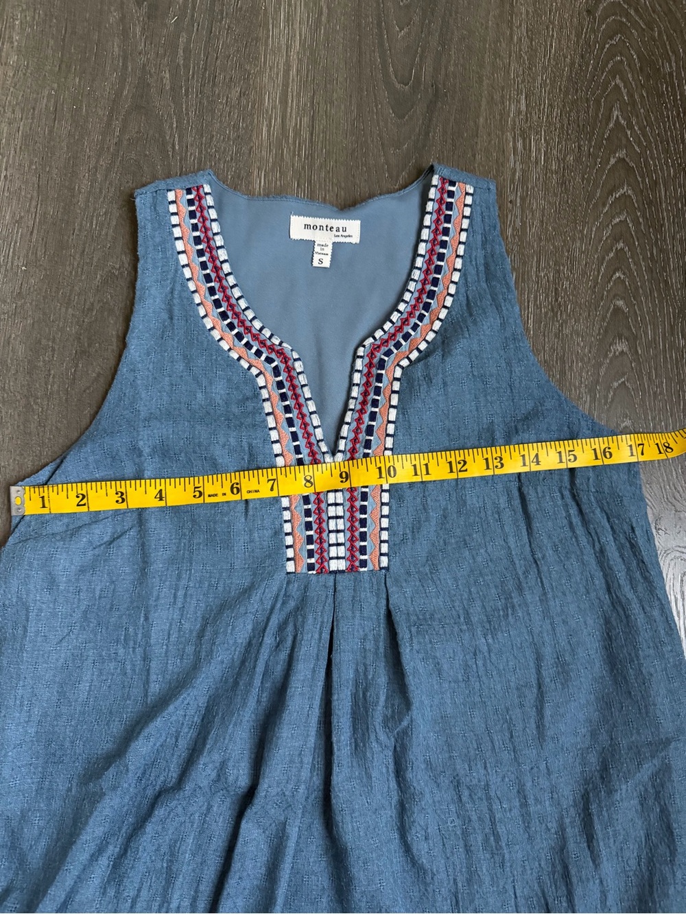 Chambray Embroidered V-Neck Denim Mini Dress Blue Women’s size Small Sleeveless - Picture 6 of 6